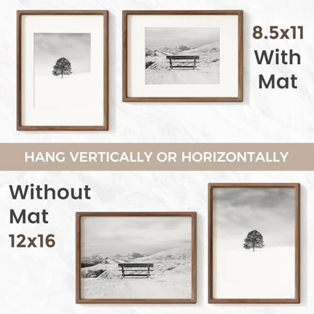 Walnut picture frame layout shown with and without mat for 12x16 and 8.5x11