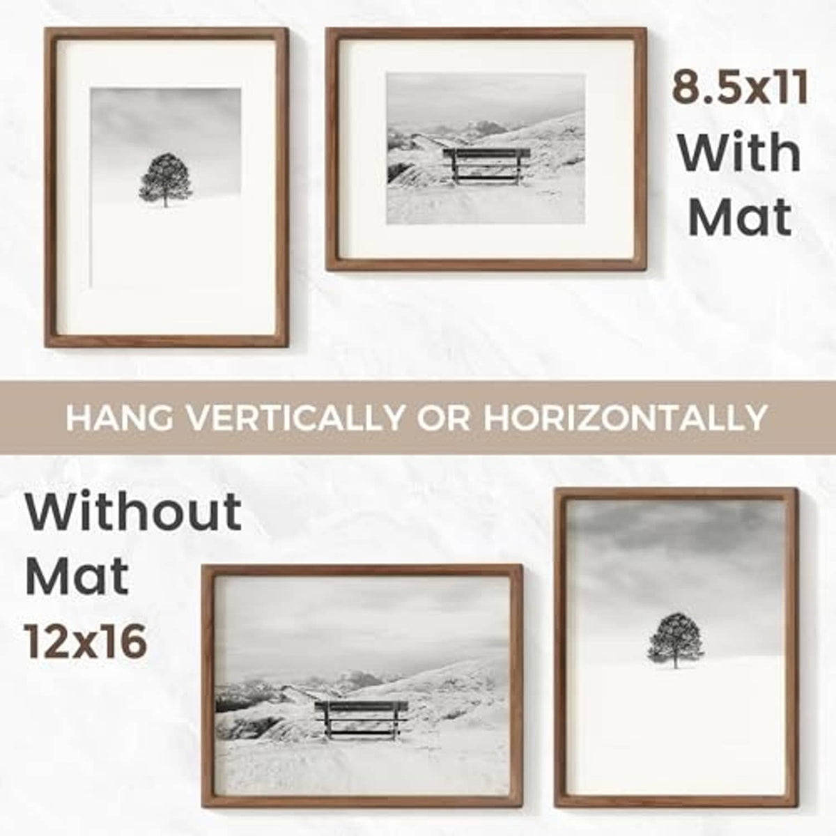 Walnut picture frame layout shown with and without mat for 12x16 and 8.5x11