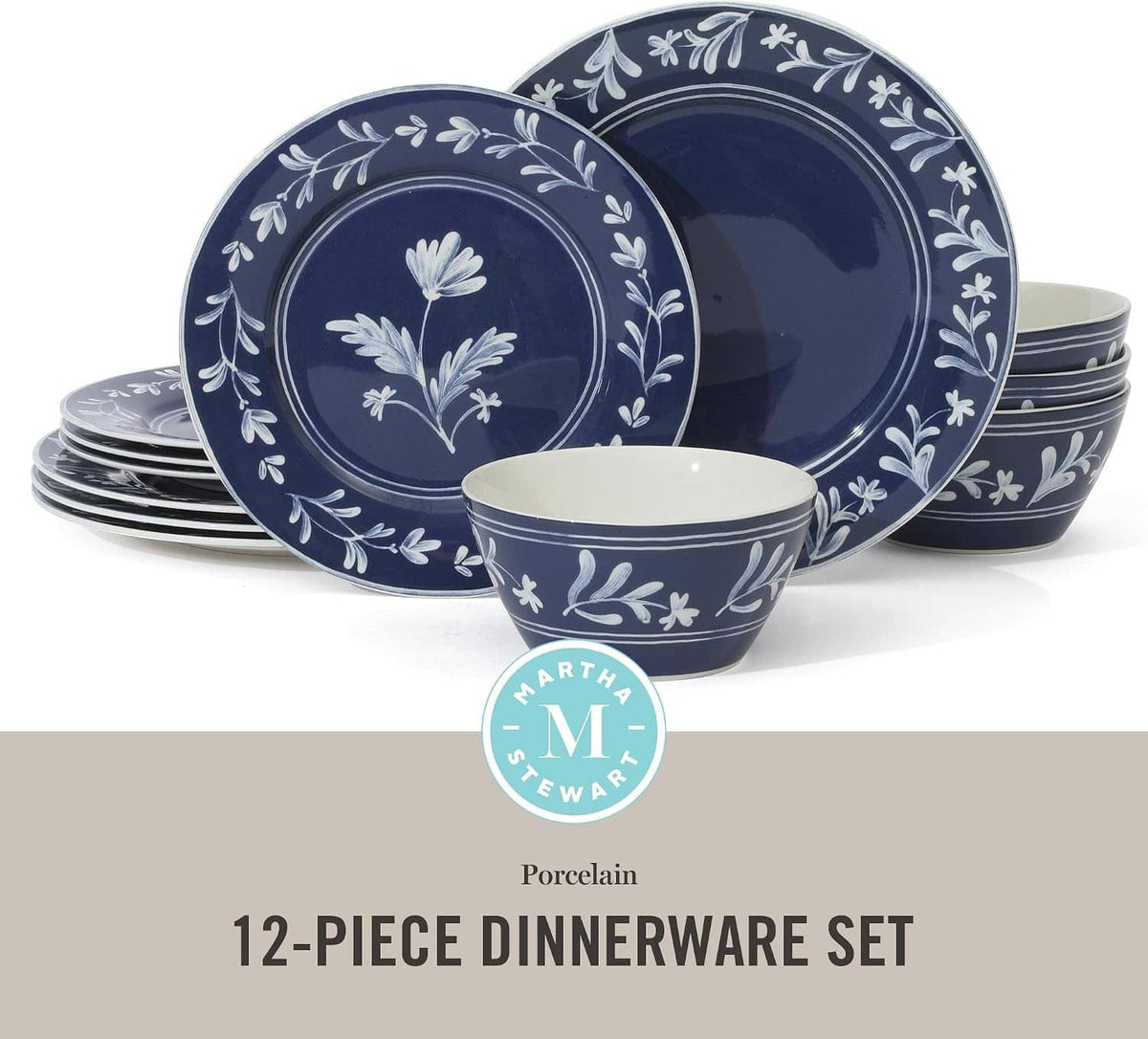 Dark blue porcelain dinnerware set with white floral border plates and matching bowls