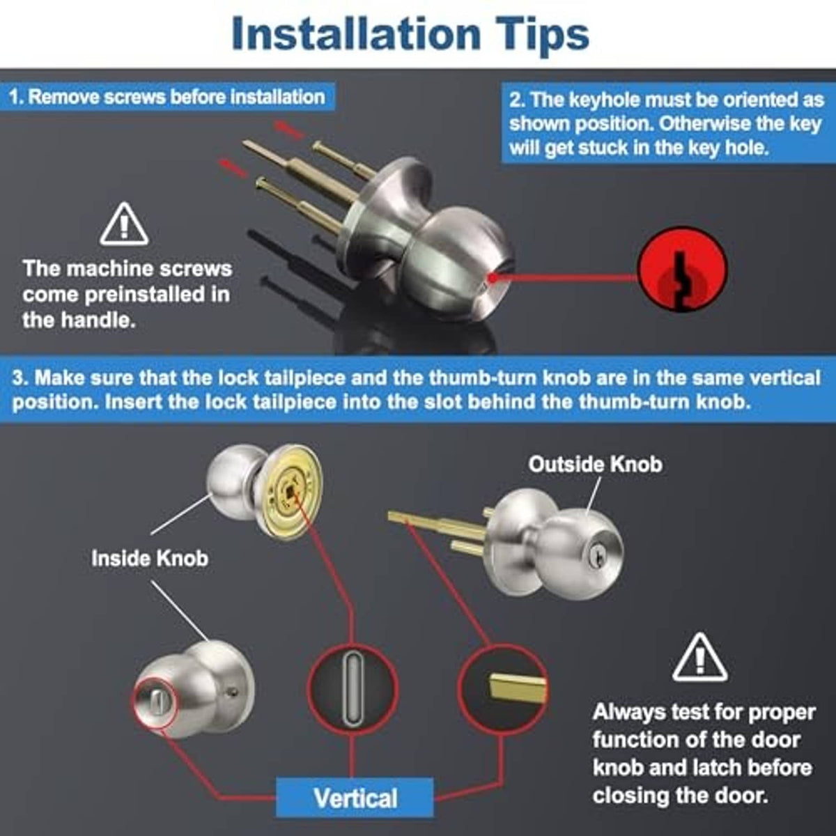 Door knob lock installation diagram showing keyway orientation and thumb-turn position