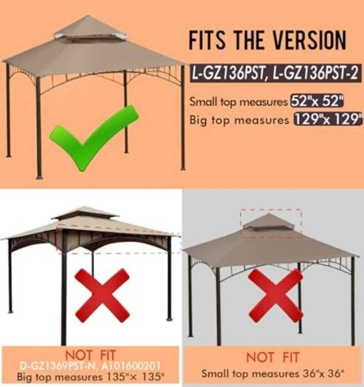 Dark green gazebo canopy replacement shown with fit guide for correct size
