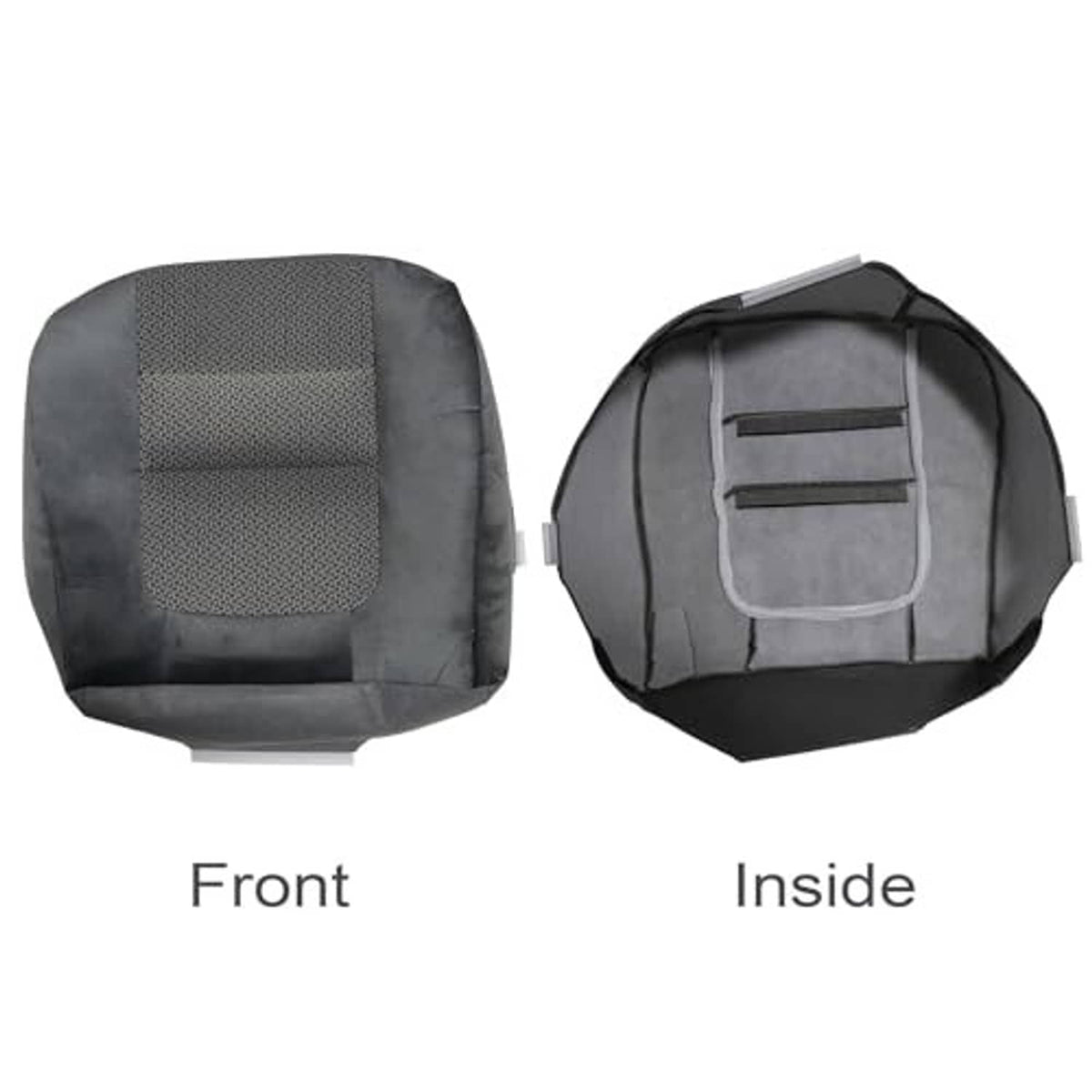 Front and inside views of gray cloth seat cover with padded backing and inner straps.