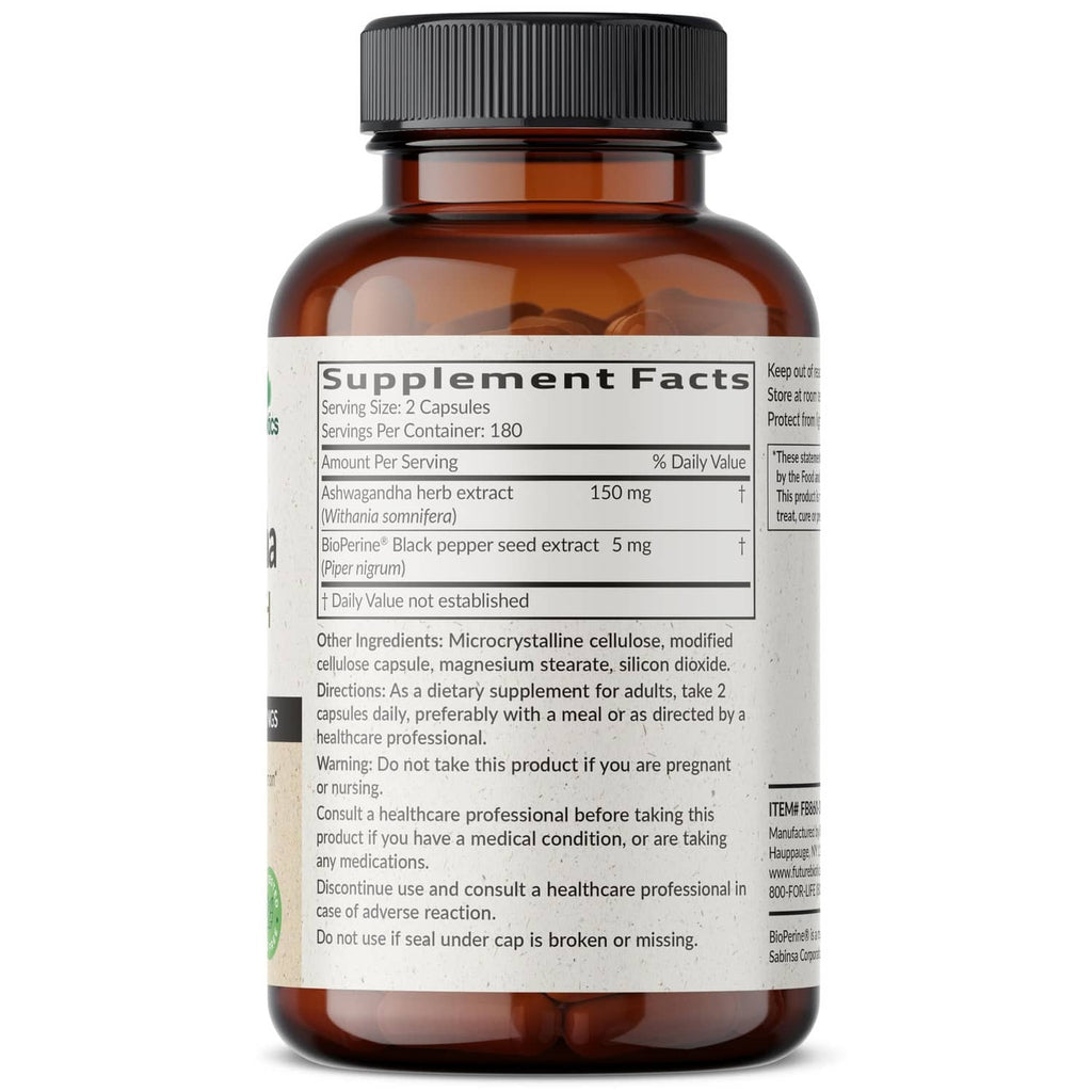 Amber supplement bottle back label with 'Supplement Facts' dosing information
