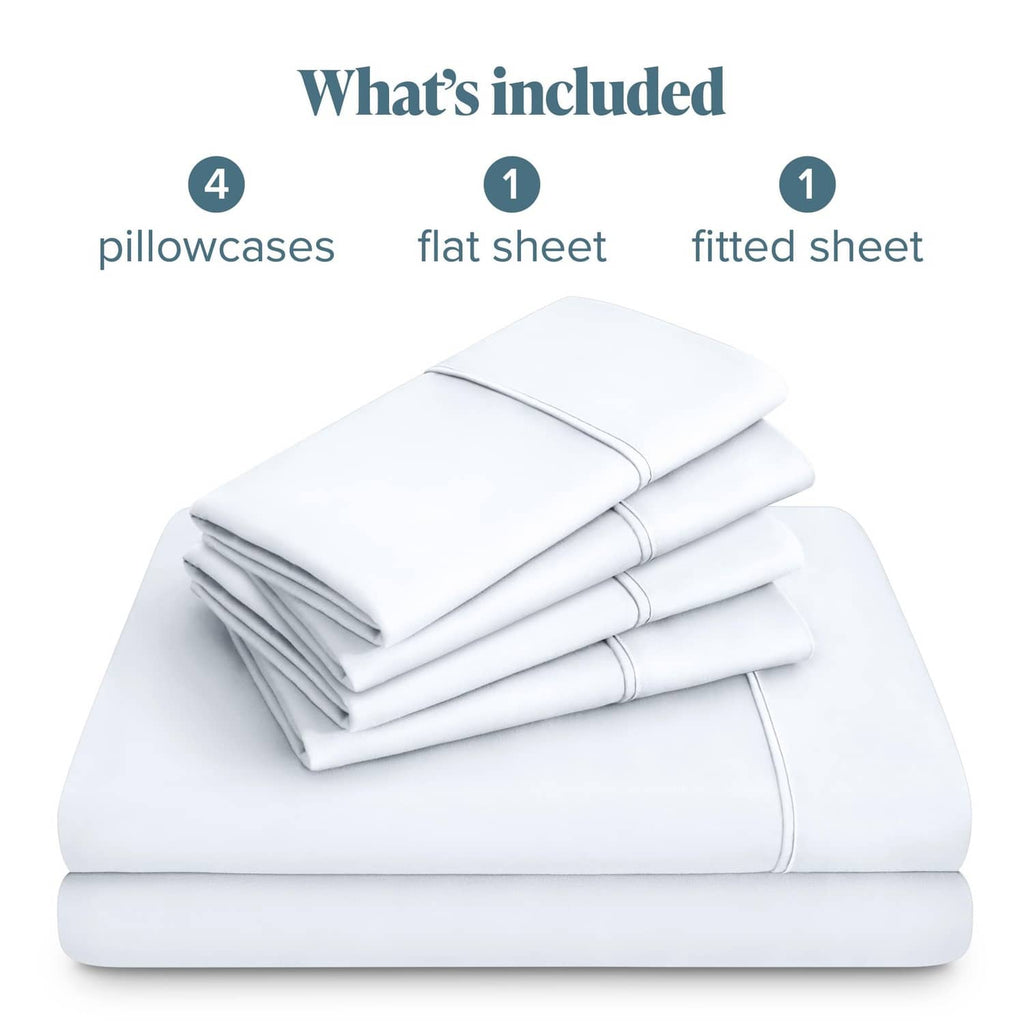 Stacked white microfiber sheets with pillowcases included in the set