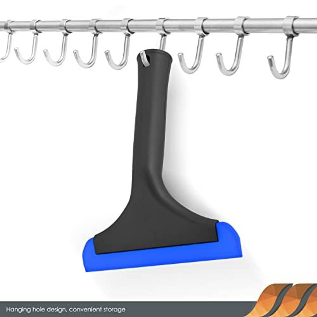 Hanging window squeegee with black handle and blue base blade on hooks