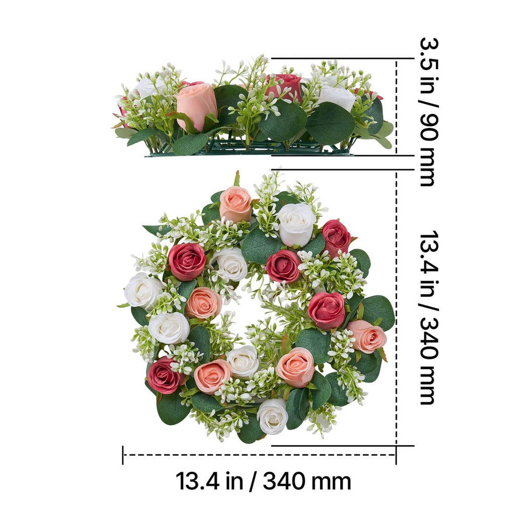 Artificial rose flower wreath ring, green base with coral, pink, and white roses and greenery