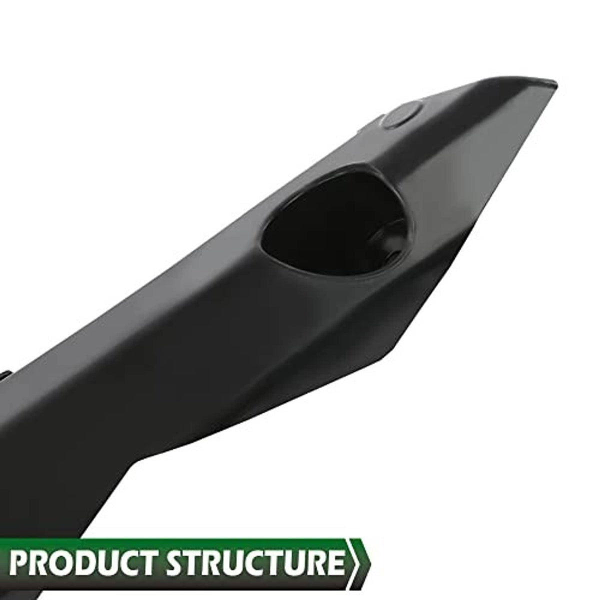 Single front bumper bracket corner with oval hole opening and dark plastic body