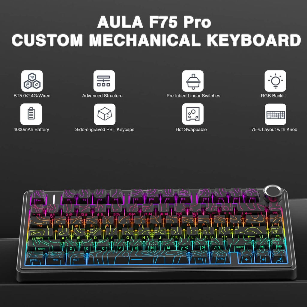 Black 75% wireless mechanical keyboard showing colorful RGB key backlight and knob