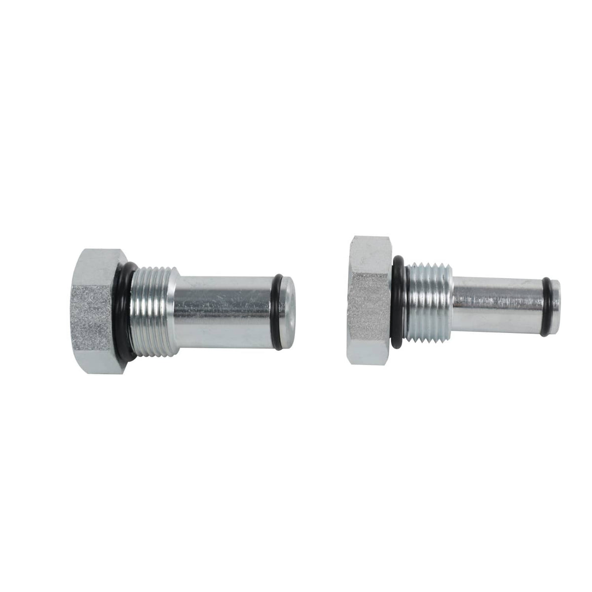 Two metal threaded test adapters with hex fittings and black seal rings