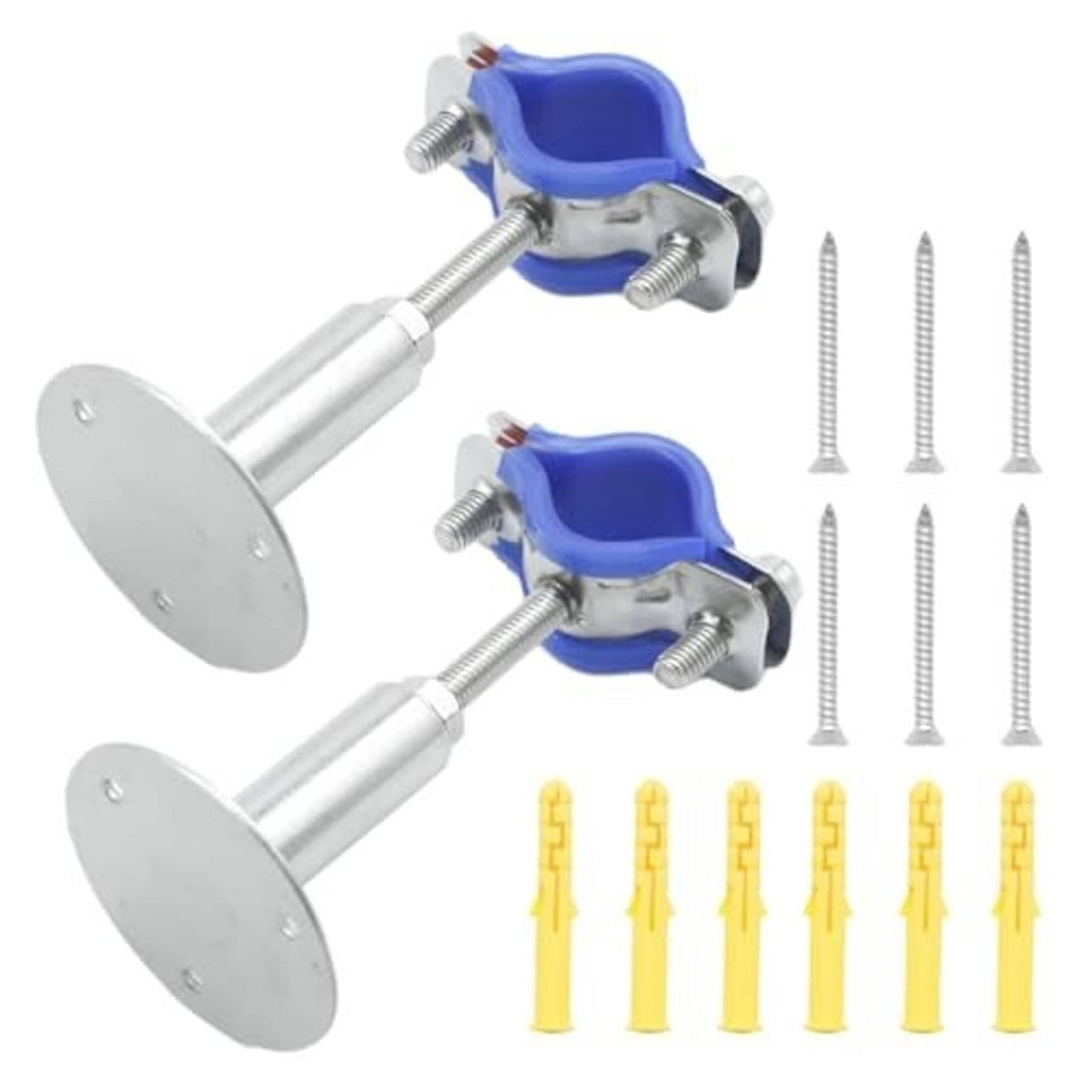 Long-stud pipe support clamp set with blue U-bands and round mounting base plates
