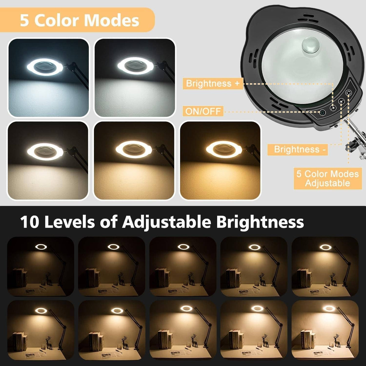 Black magnifier lamp head with circular LED light for close-up viewing
