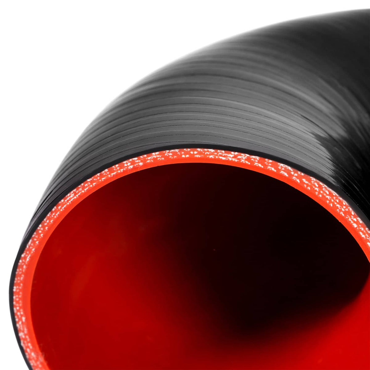 Black silicone elbow end with red inner bore and textured outer trim
