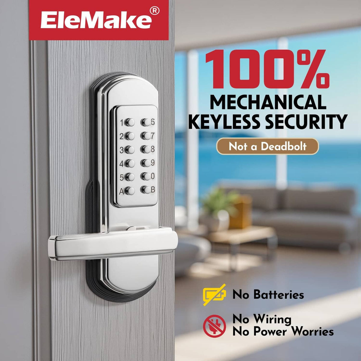 Left-handed keyless door lock with silver lever and numeric keypad, brushed metal.