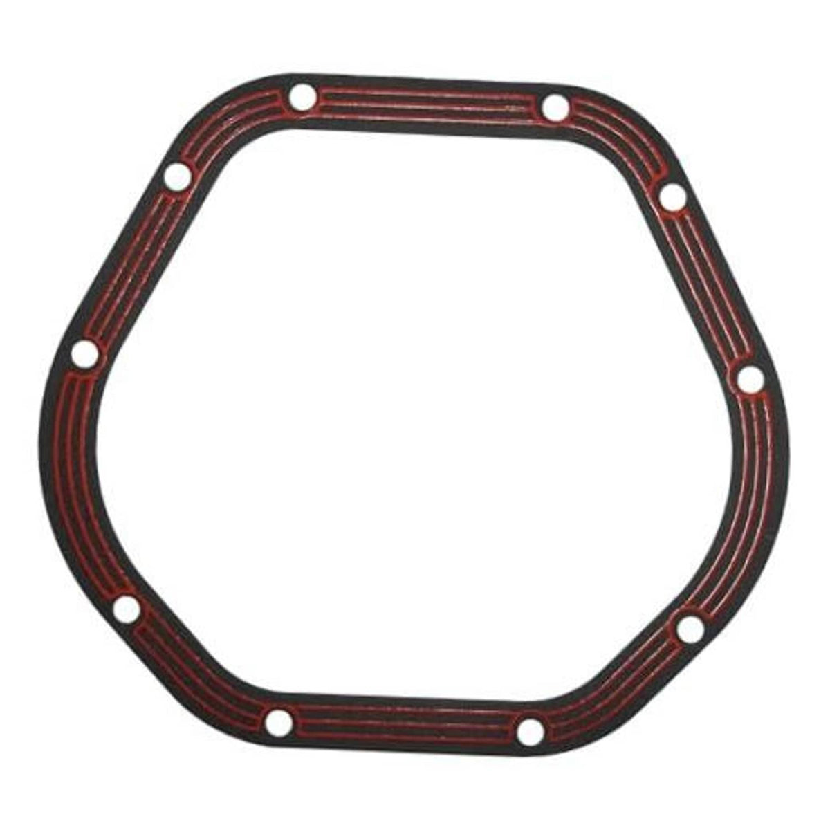 Rear differential cover gasket with red stripe pattern and bolt holes, octagonal shape