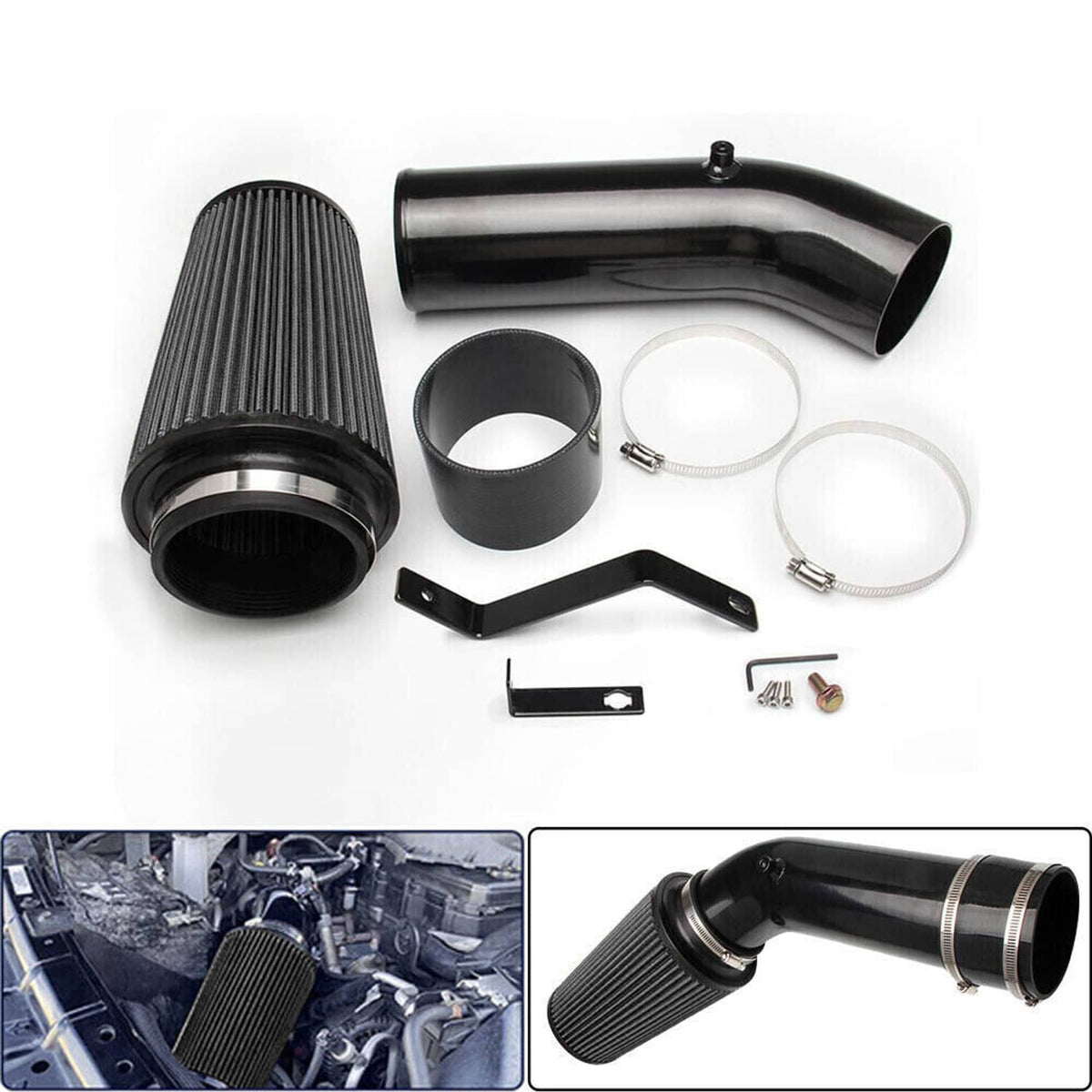 Cold air intake kit with conical filter, curved tube, and mounting bracket