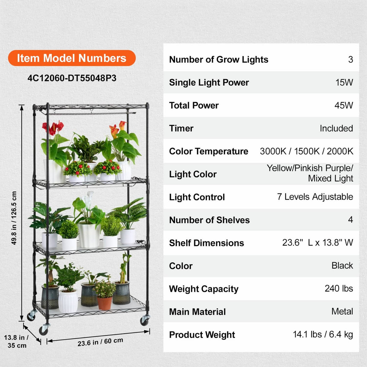 Black 4-tier plant stand with grow lights; specs panel lists power, timer, and light control