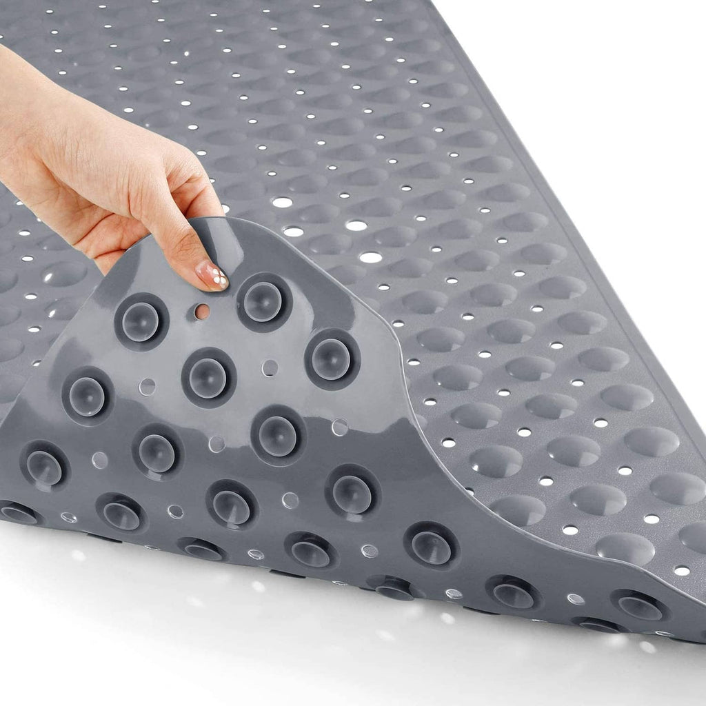 Gray bathtub shower mat with suction cups, raised massage nodules, non-slip grip