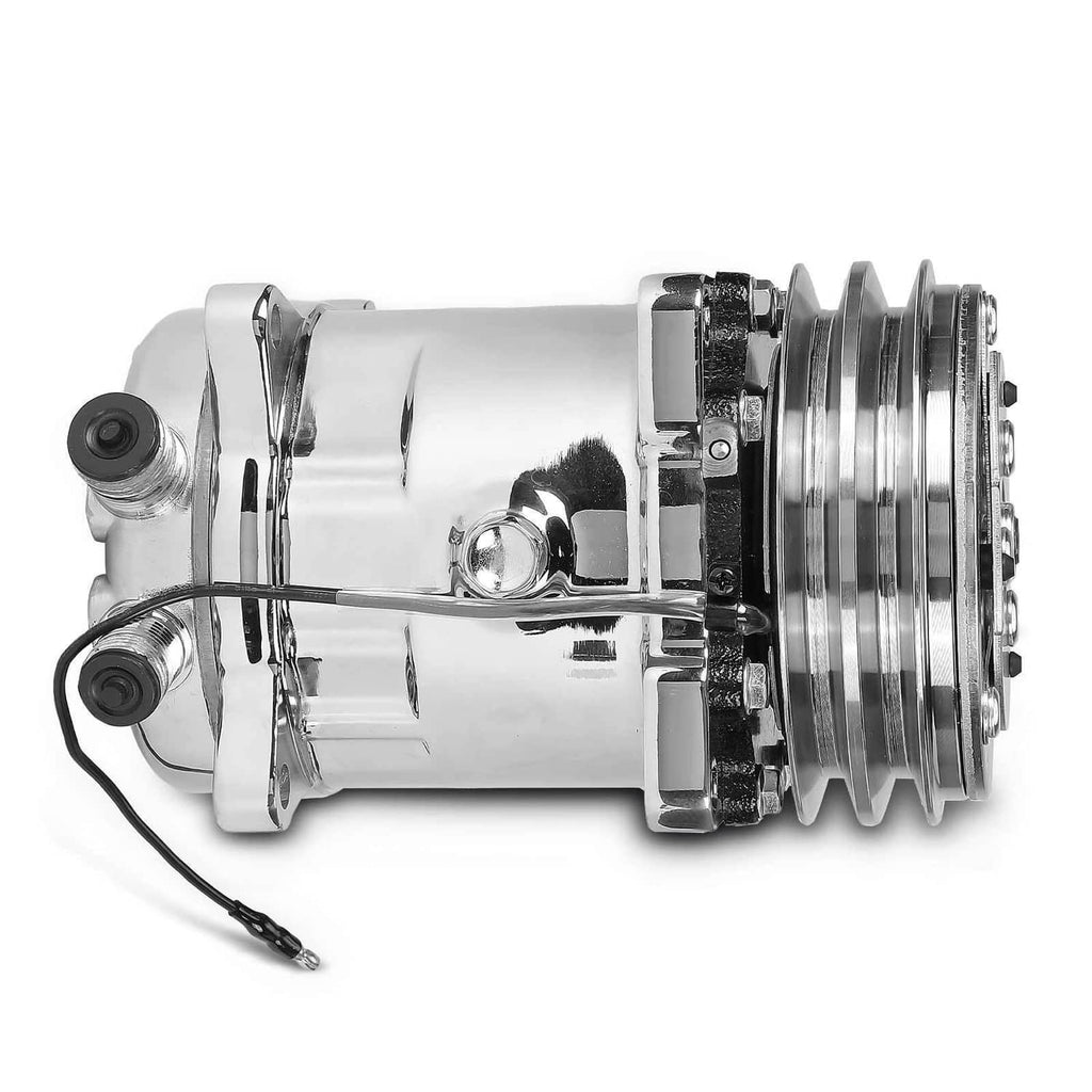 A/C compressor with clutch and brackets, chrome aluminum housing and electrical leads