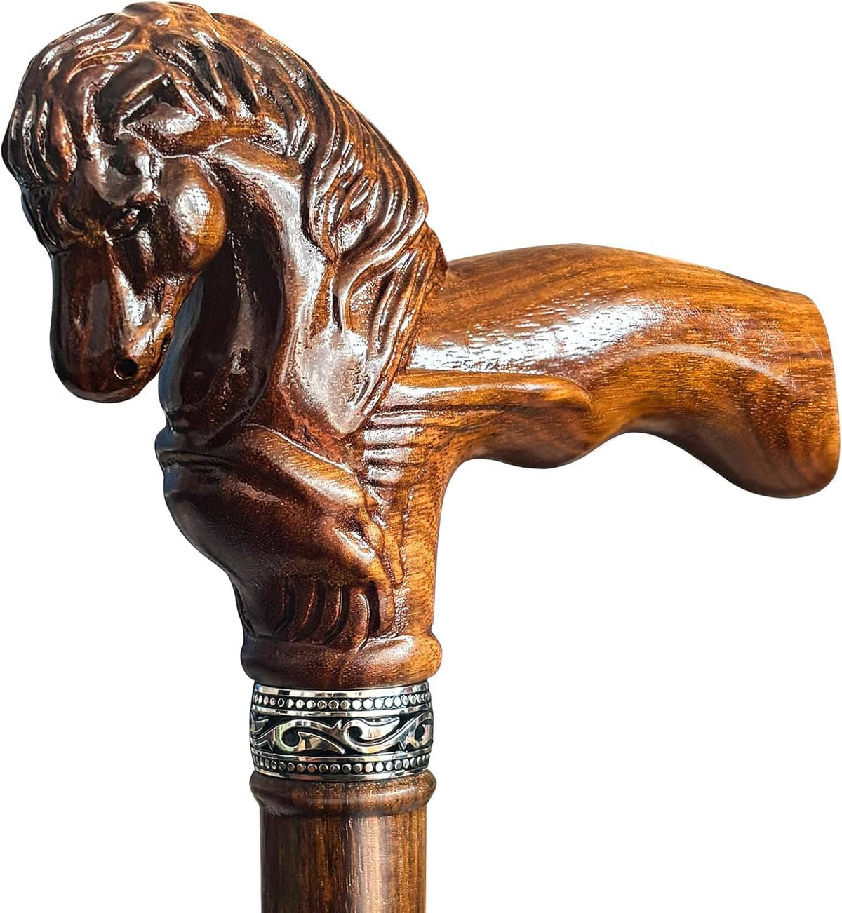 Wood walking cane with carved horse head handle, close-up view of the grip