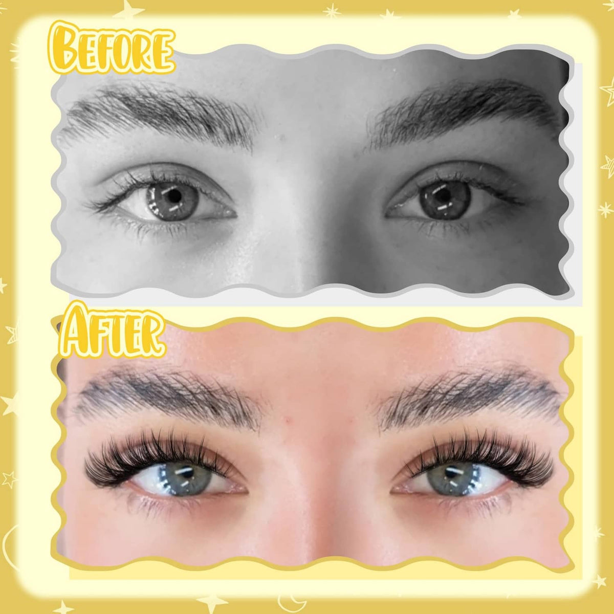 Before-and-after eye look with black lash clusters and natural volume