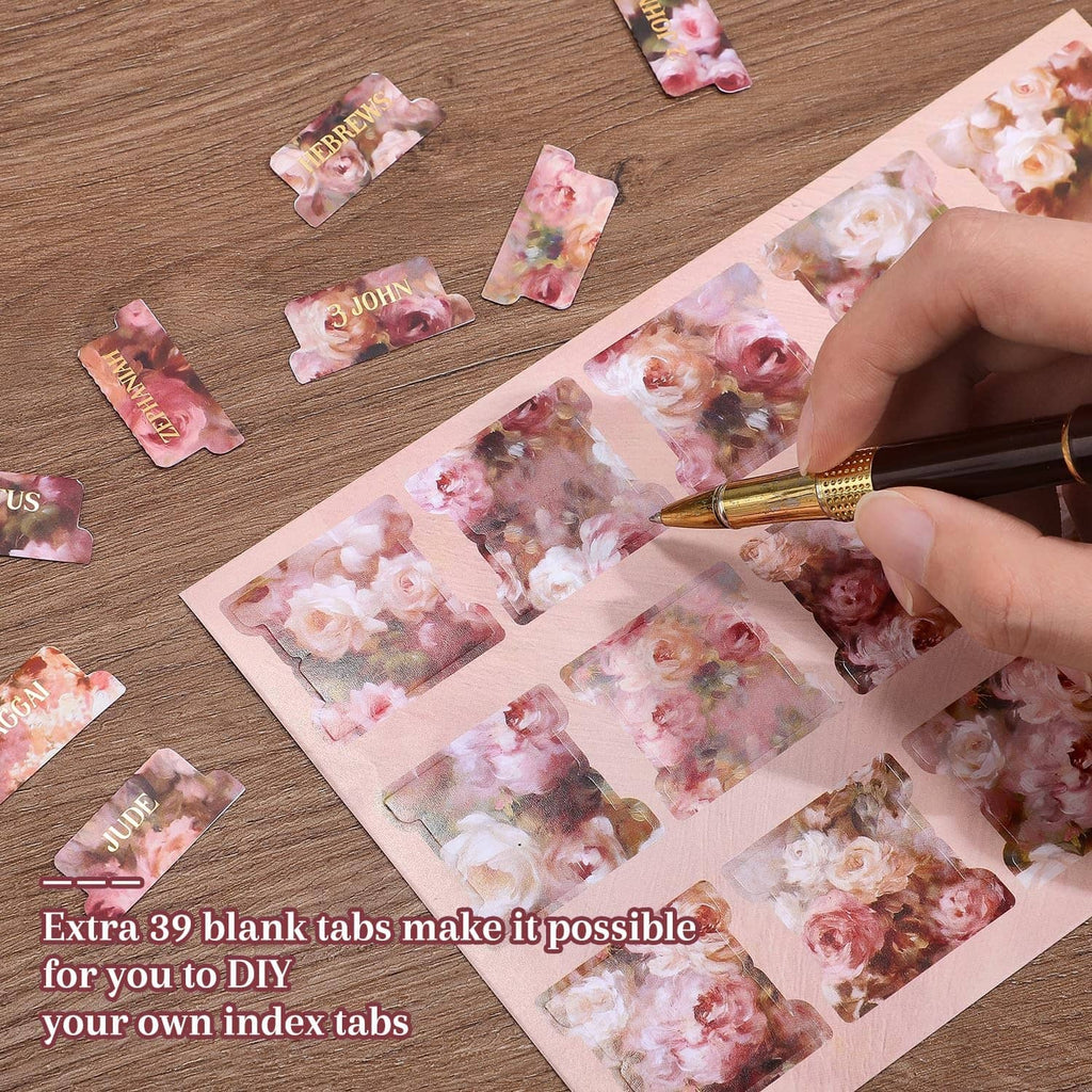 Pink rose floral tab set plus blank tabs for DIY, hand writing onto a tab.