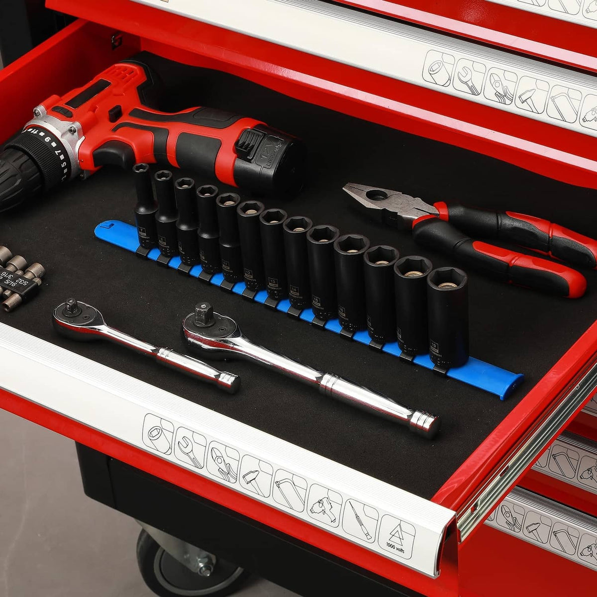 Deep impact socket set in red toolbox tray with blue holders and wrenches