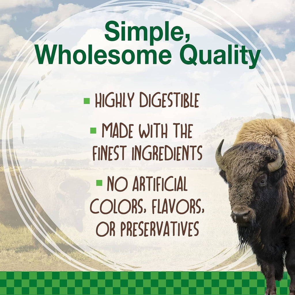 Illustrated bison chew bone with 'Simple, Wholesome Quality' and quality claims
