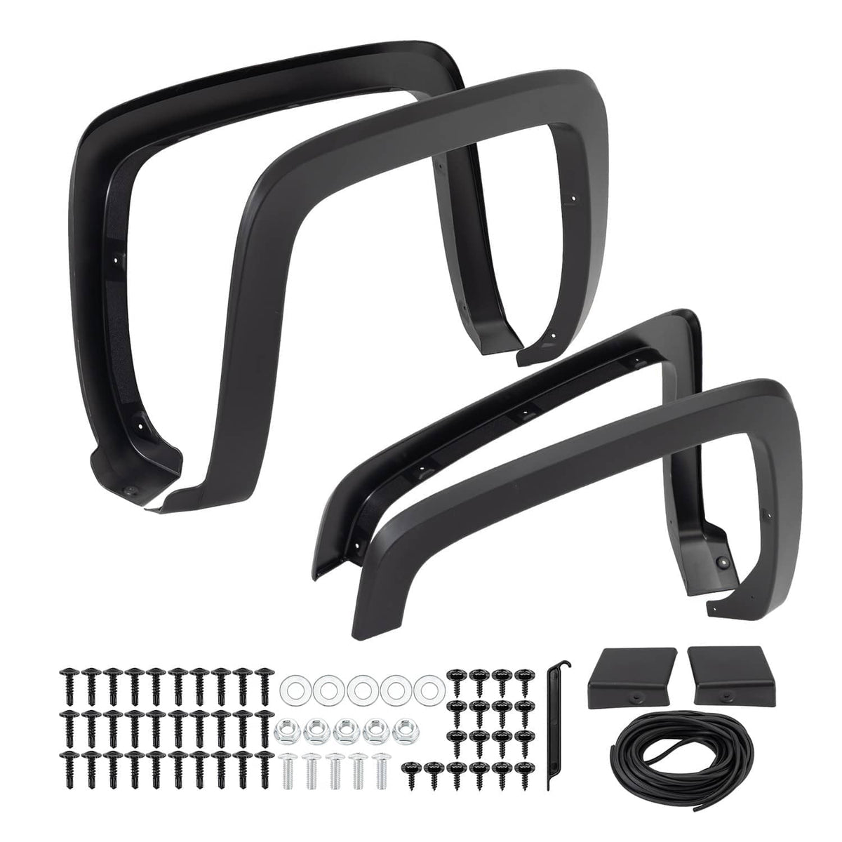 Black front and rear fender flare kit with installation hardware and brackets