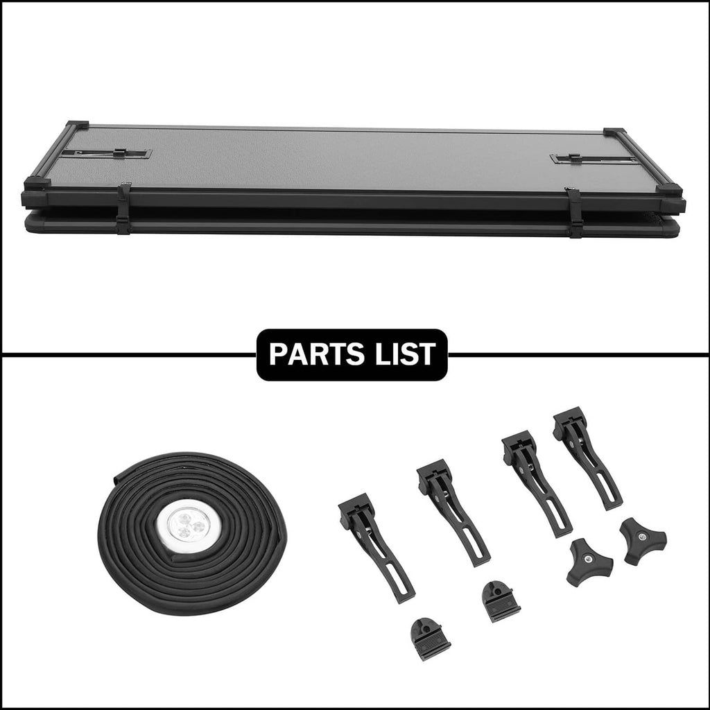 Hard tri-fold tonneau cover with included installation parts and strap seals