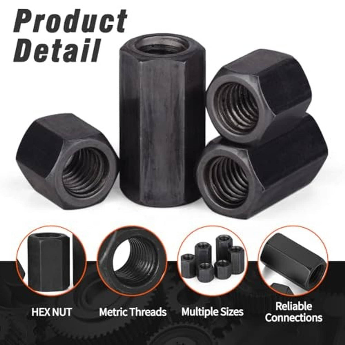 Black hex coupling nuts, internal threads close-up with multiple pieces
