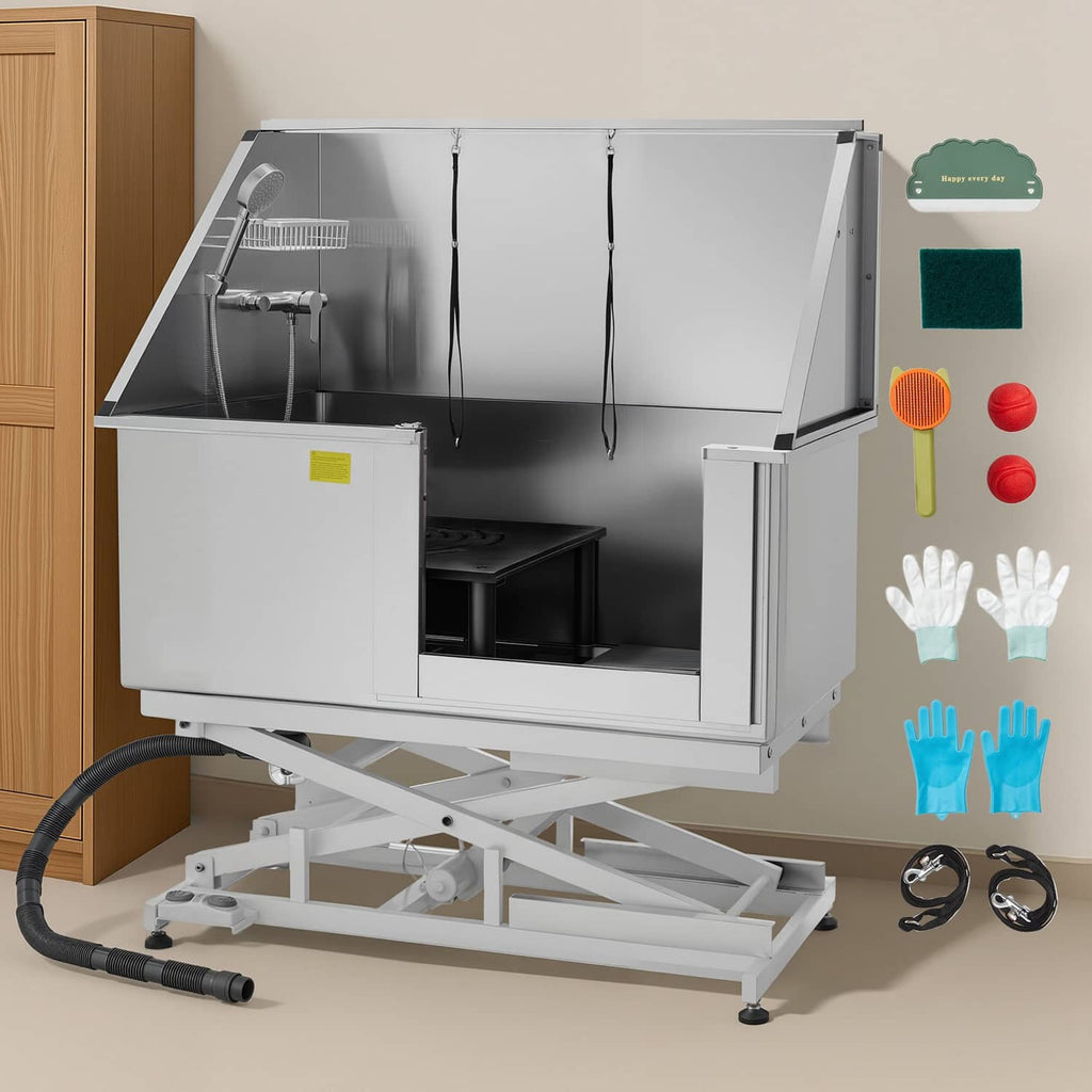 Stainless steel pet grooming bath tub on stand with side access door and hose
