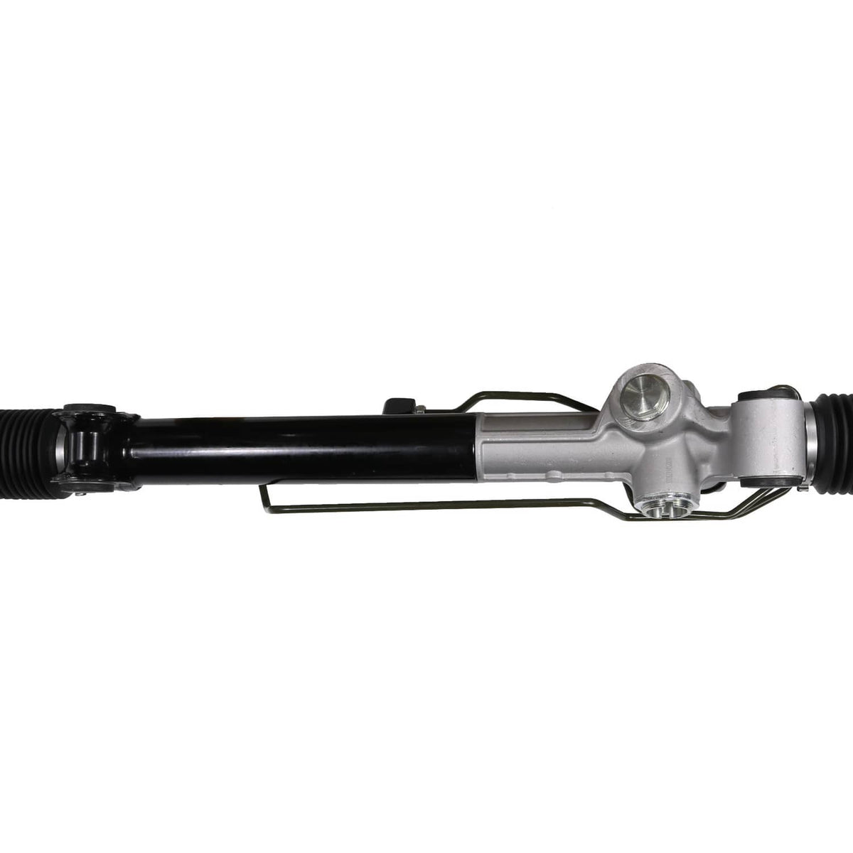 Power steering rack and pinion end housing with silver joint and black mounting bracket
