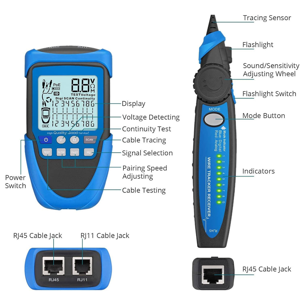 Blue RJ45 cable tester with display and mode button, plus RJ45 cable jack adapters