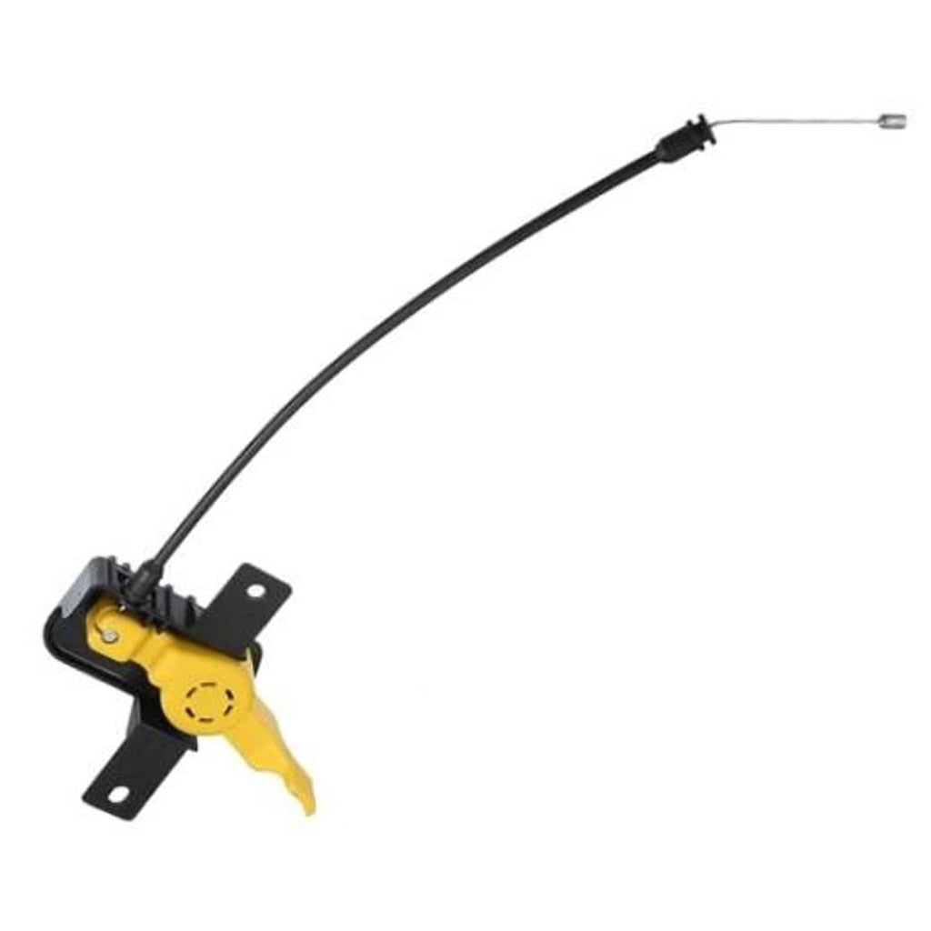 Engine hood release cable with yellow latch handle, black cable, and metal mounting bracket