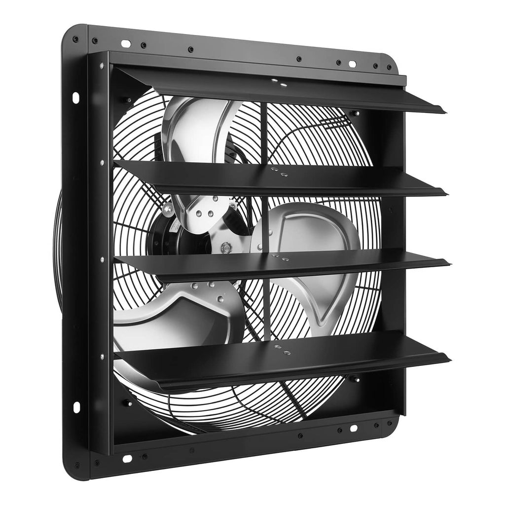 Wall-mount shutter exhaust fan black frame with multi-louver grille and visible blades