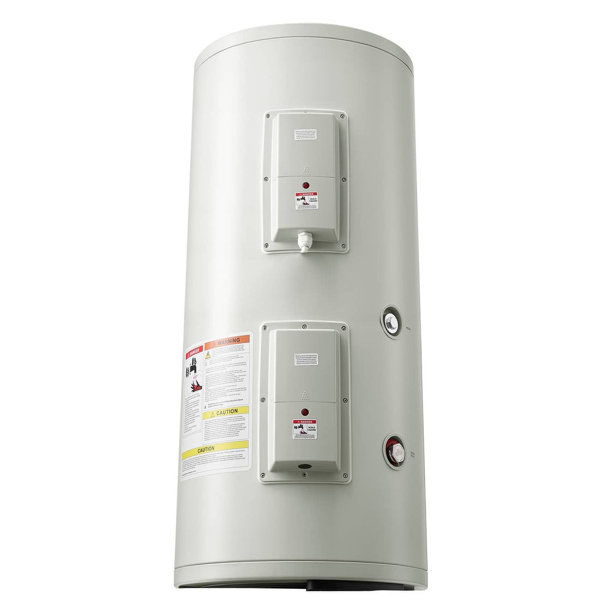 Uimoso electric water heater with upper and lower access panels, T&P valve