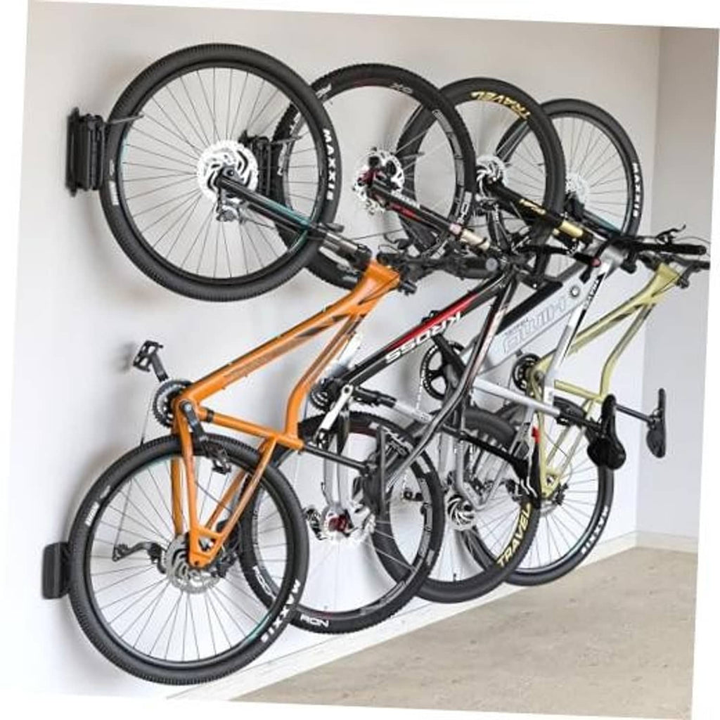 Swivel bike wall mounts holding multiple bicycles on a wall, black hooks, 4-pack