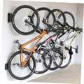 Swivel bike wall mounts holding multiple bicycles on a wall, black hooks, 4-pack