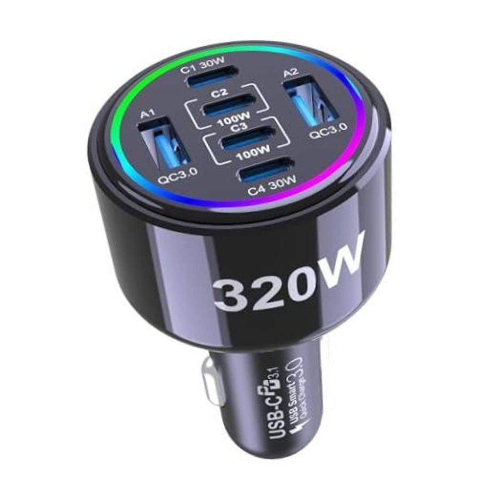 Black 320W USB-C car charger with glowing multicolor port panel and 6 charging ports