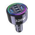 Black 320W USB-C car charger with glowing multicolor port panel and 6 charging ports