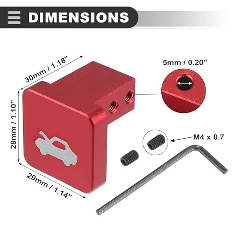 Red hood bonnet release latch kit with dimensions, screws, and hex key wrench