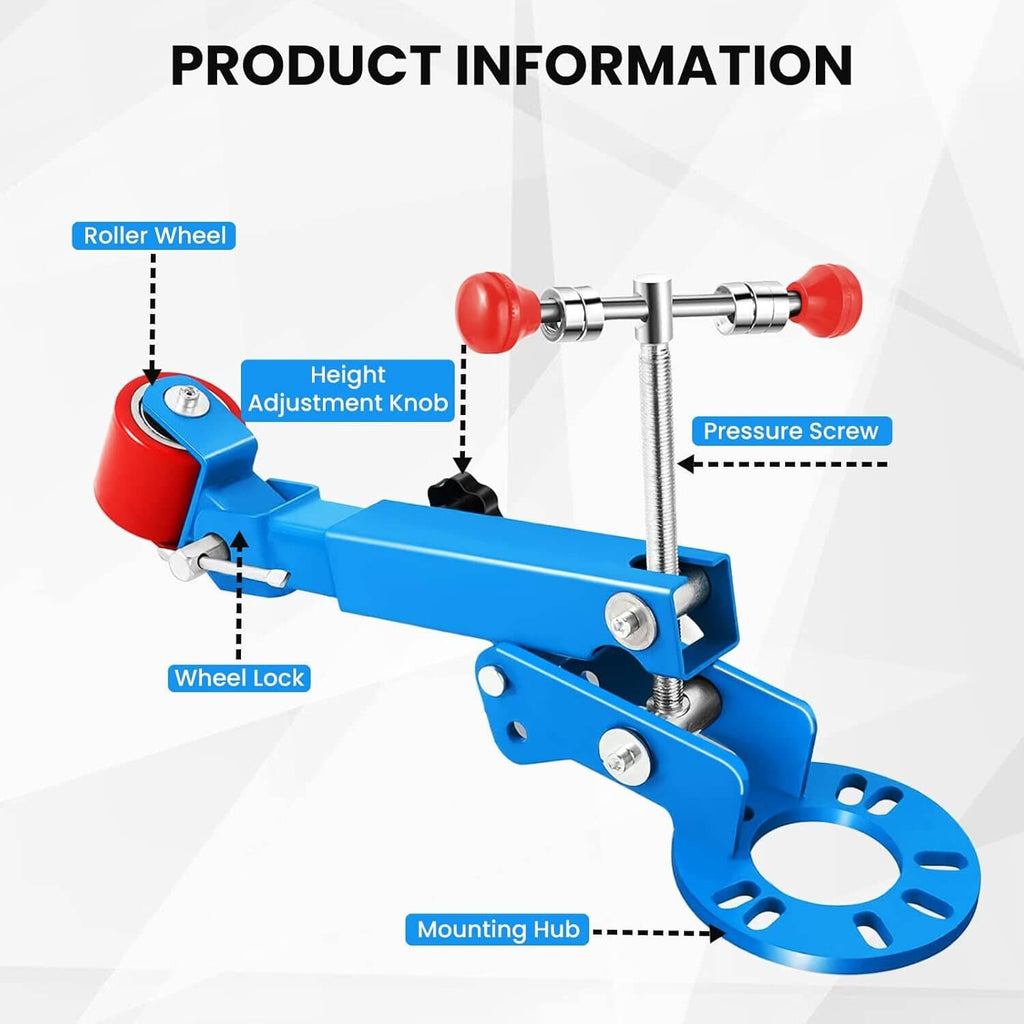 Blue wheel arch roller tool with height adjustment knob and pressure screw