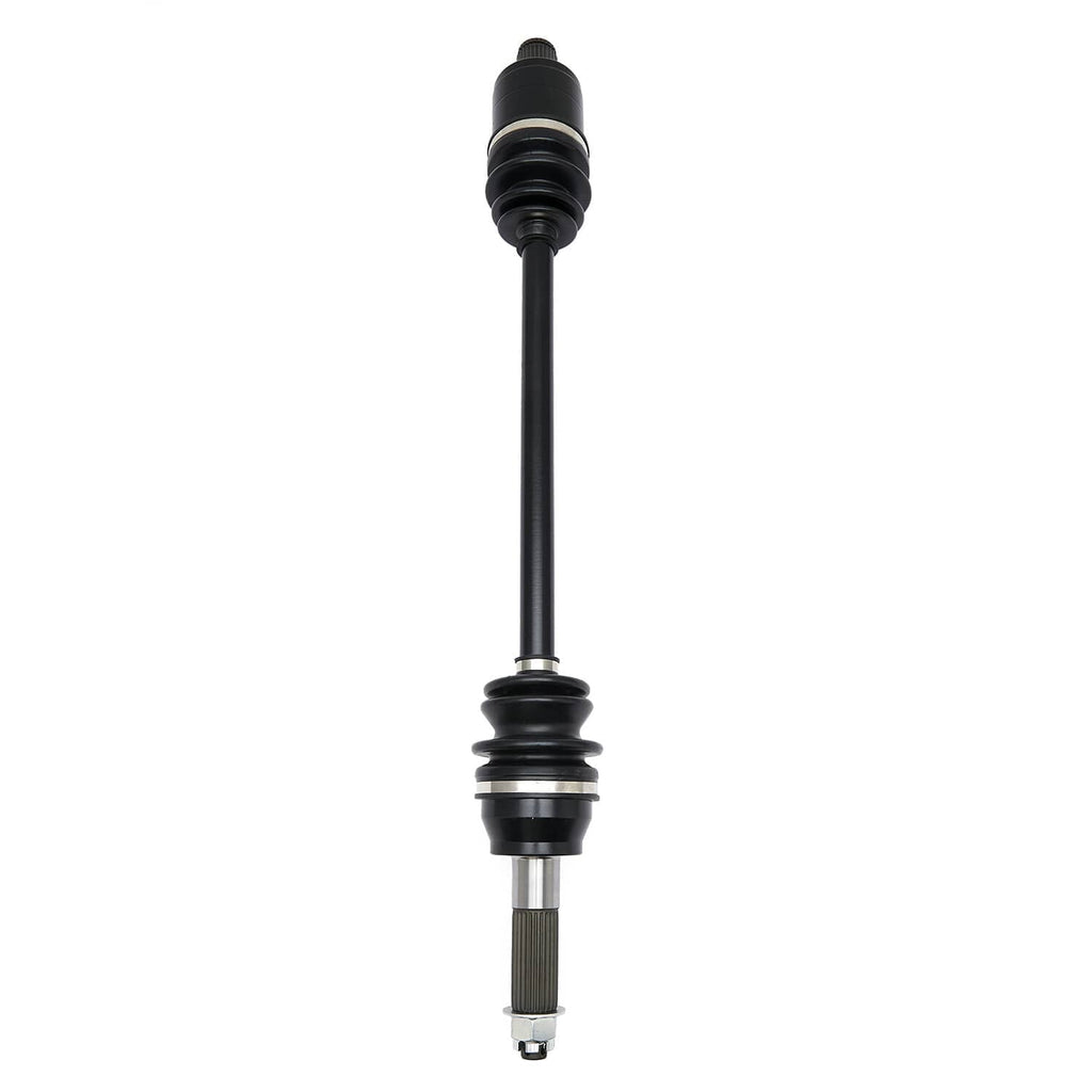 CV axle shaft with black boot and metal splined tip, upright view