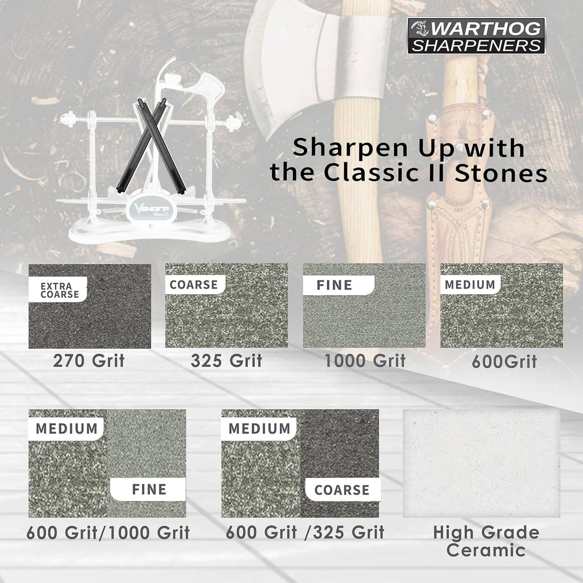 Classic II hone grit options graphic with coarse 325 grit stone sample