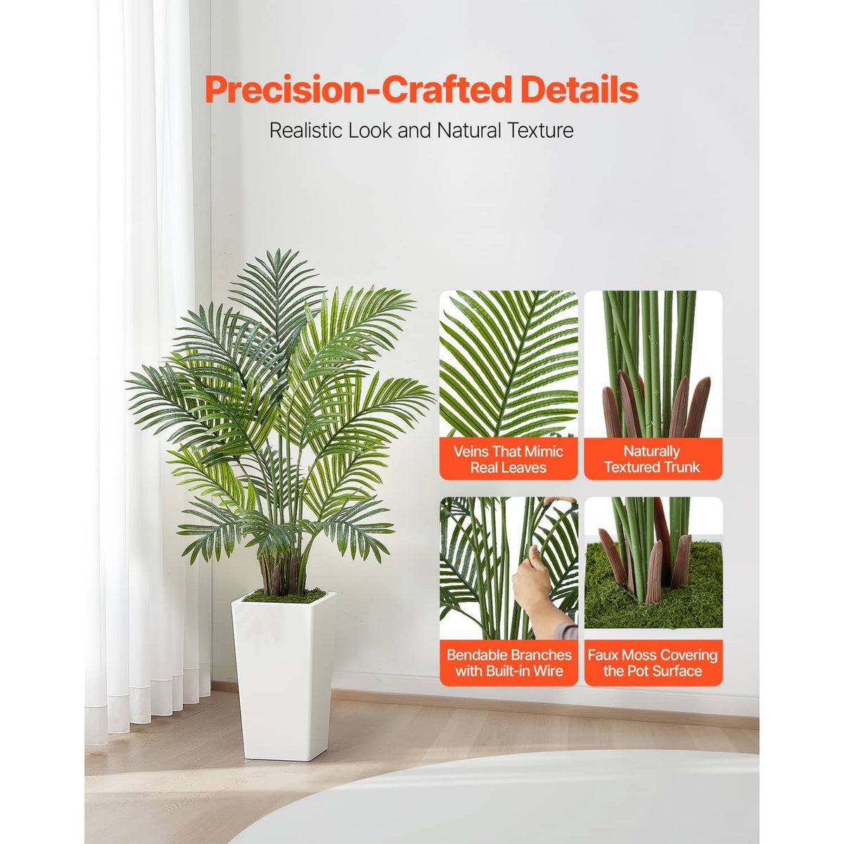 Artificial palm set with two potted trees, green fronds in white planters
