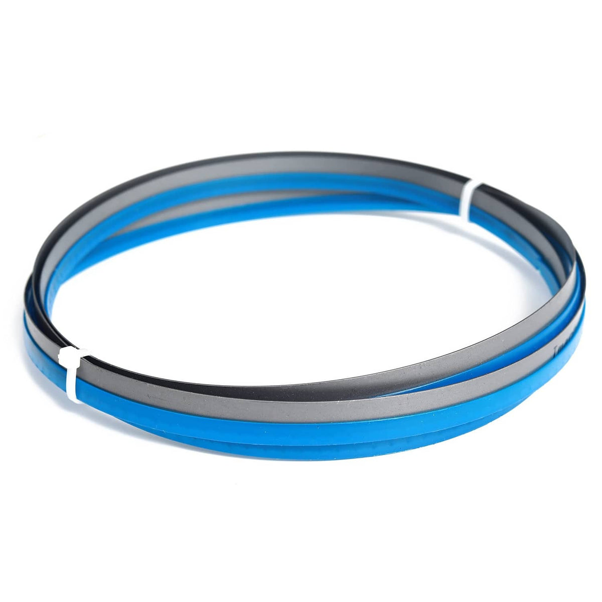 Coiled bi-metal band saw blade loop with blue protective band
