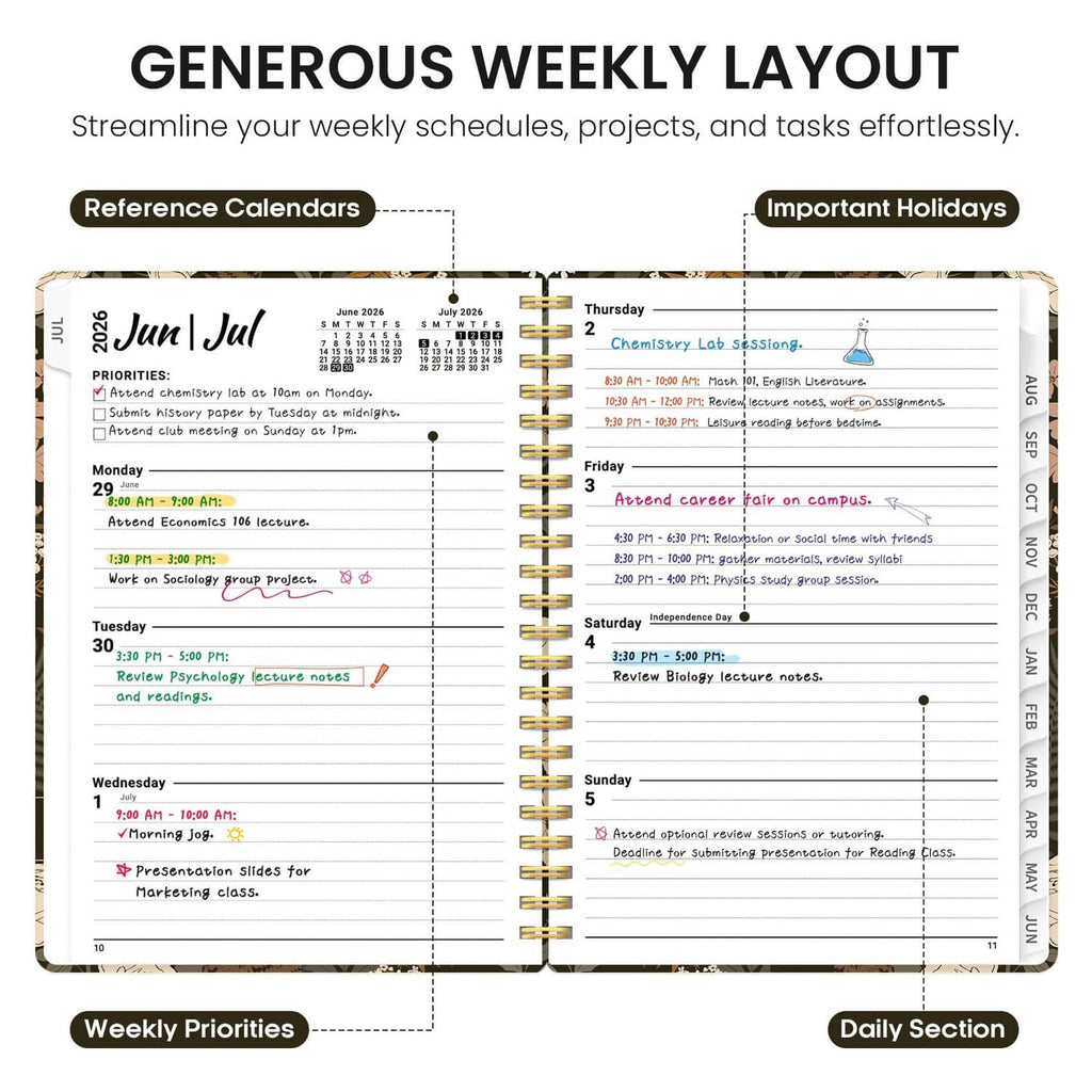 Academic planner open to weekly priority and daily sections, lined pages, spiral binding