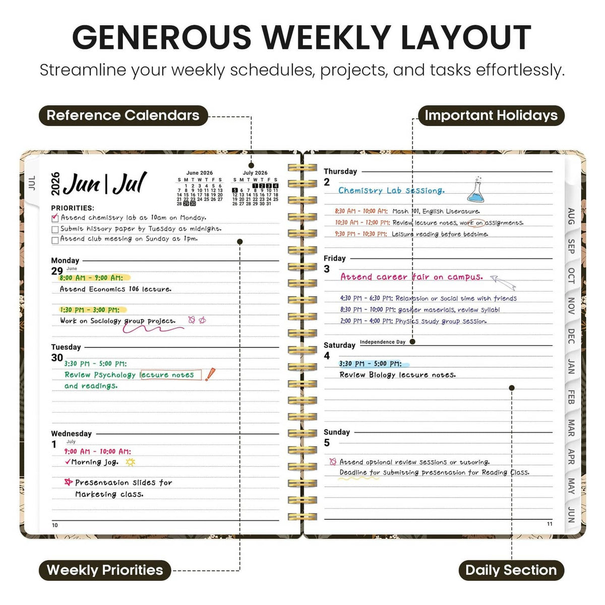 Academic planner open to weekly priority and daily sections, lined pages, spiral binding