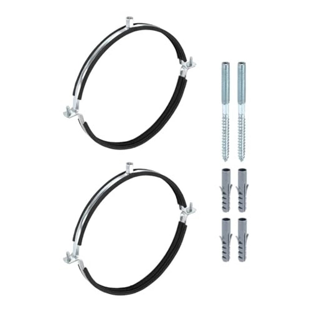 Two split ring pipe hanger clamps with black bands and matching mounting bolts