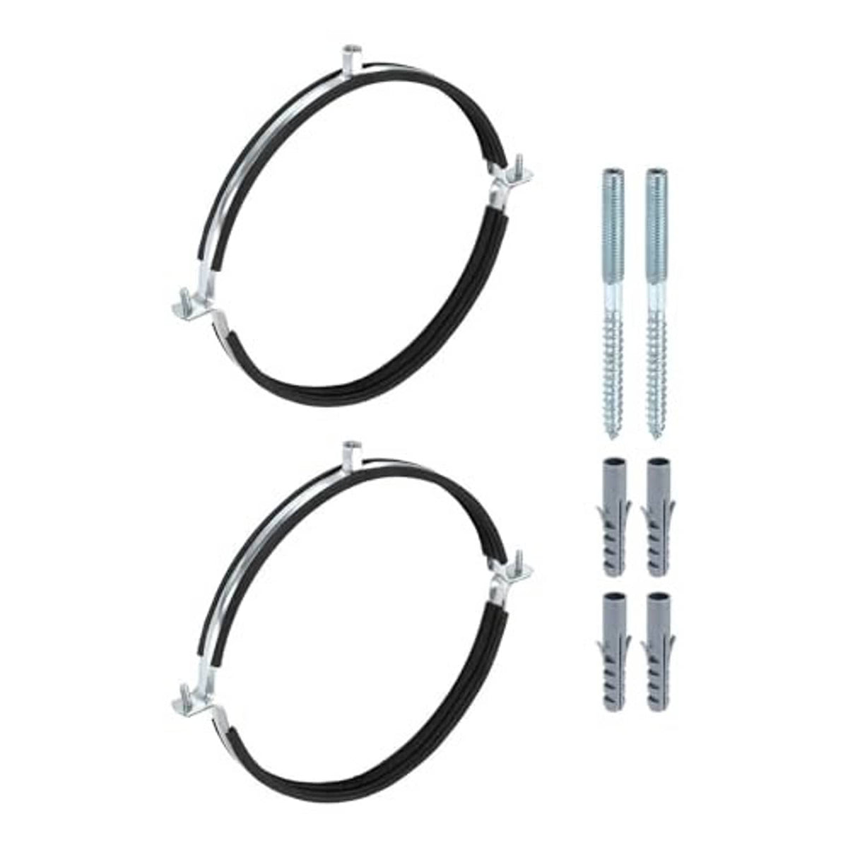 Two split ring pipe hanger clamps with black bands and matching mounting bolts